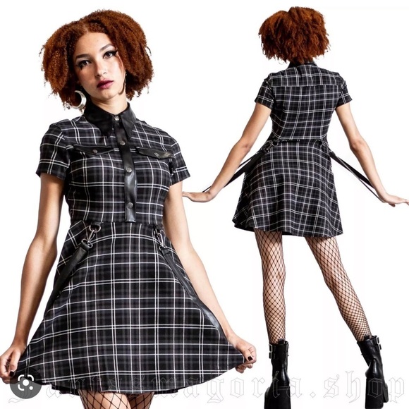 Killstar Dresses & Skirts - Killstar Size Small Black White Plaid Menace Collar Mini Dress Grunge Goth Punk
